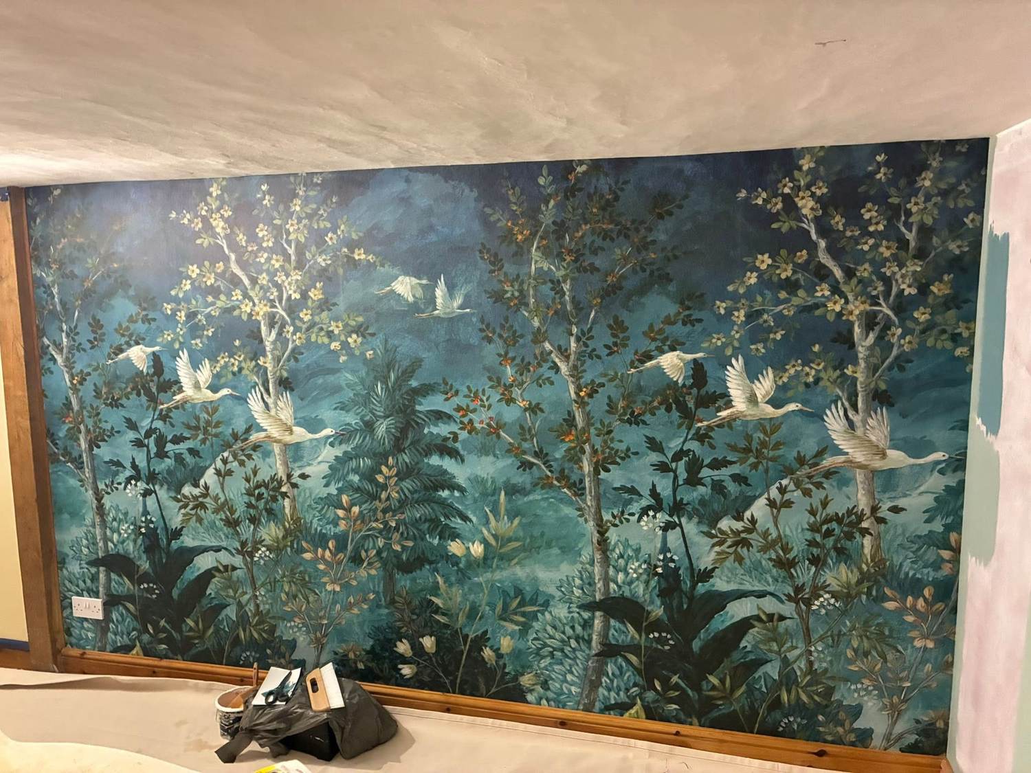 Hand-finished botanical crane mural feature wall